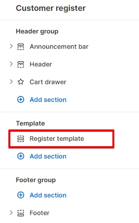 Register template add section