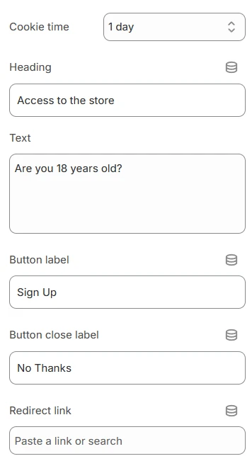 Age check Popup section settings