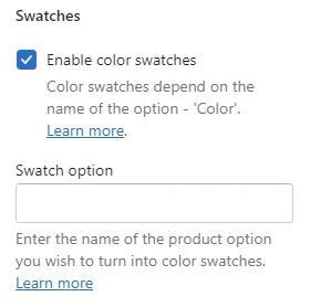 Product settings (Swatches)