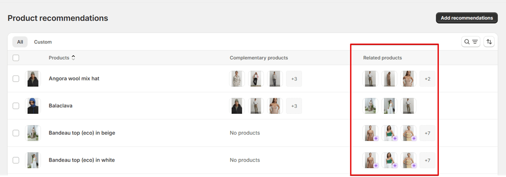 Product recommendations app settings