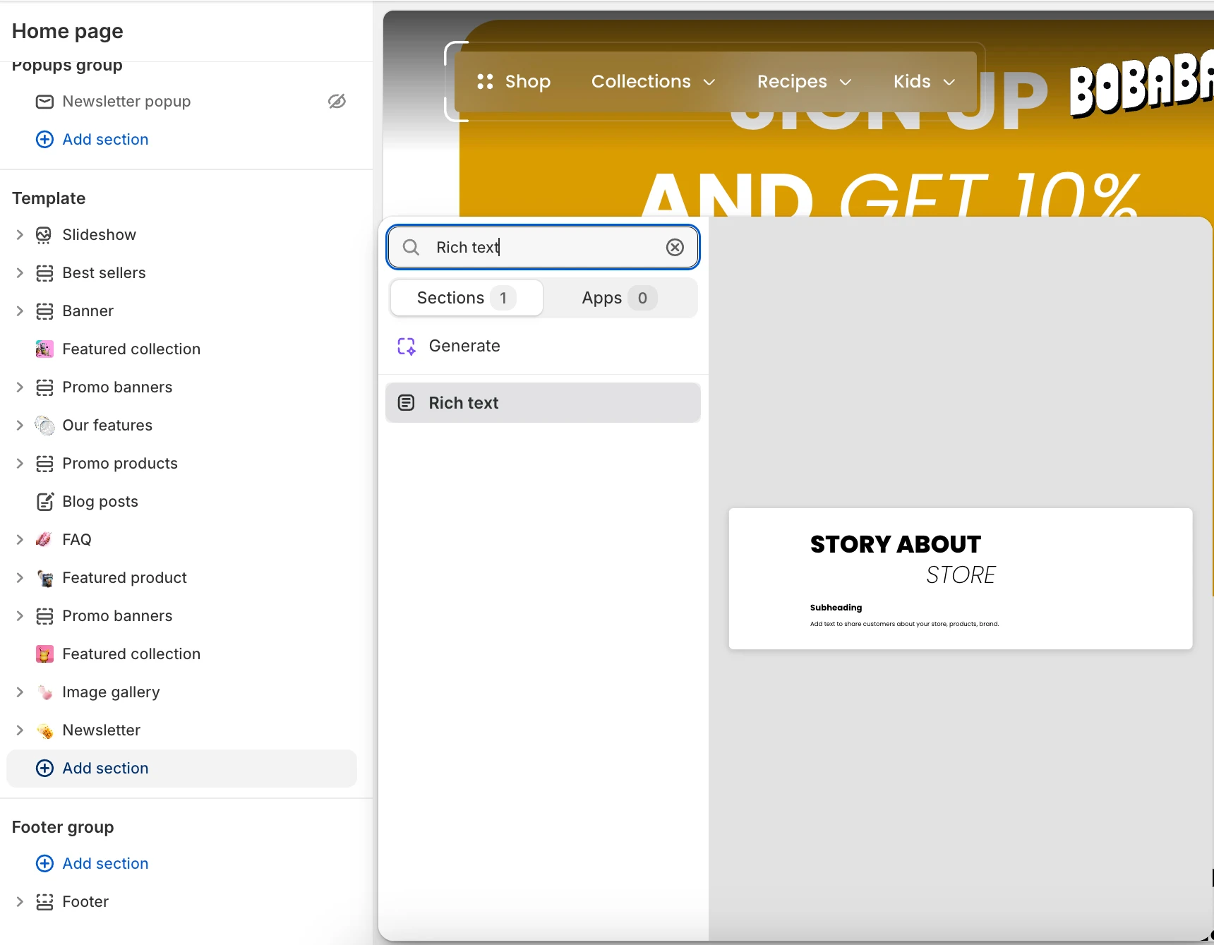 Rich text adding a section