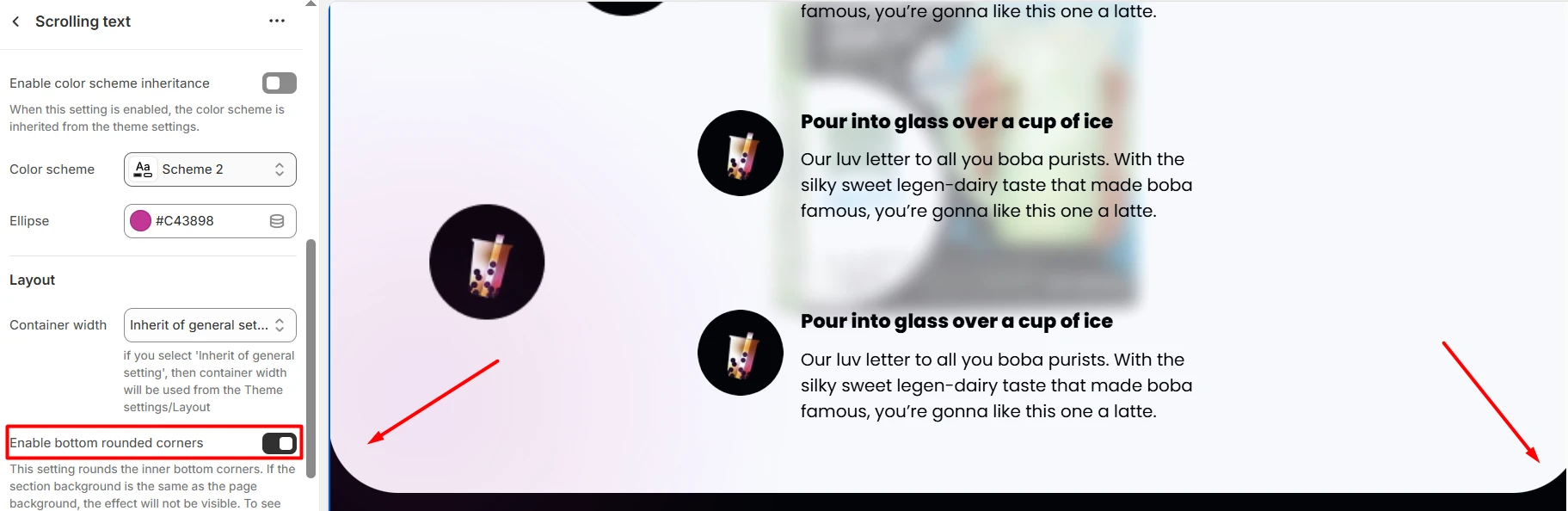 Scrolling text rounded corners