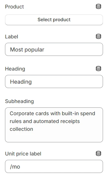 Pricing table block settings 1