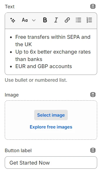 Pricing table block settings 2