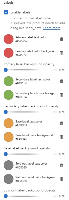 Product settings (Labels)