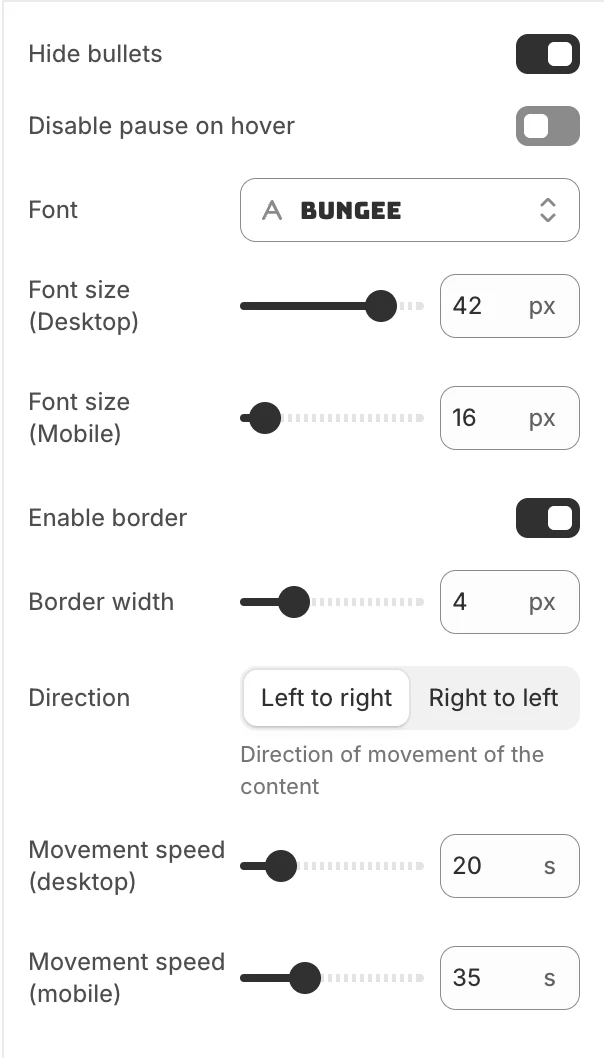Ticker section settings