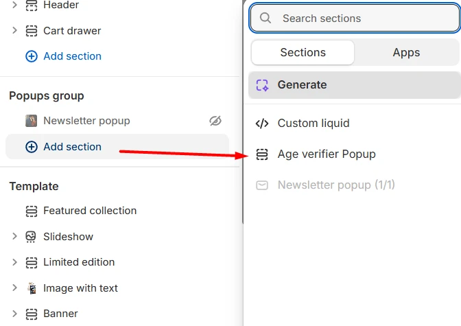 Age check Popup section