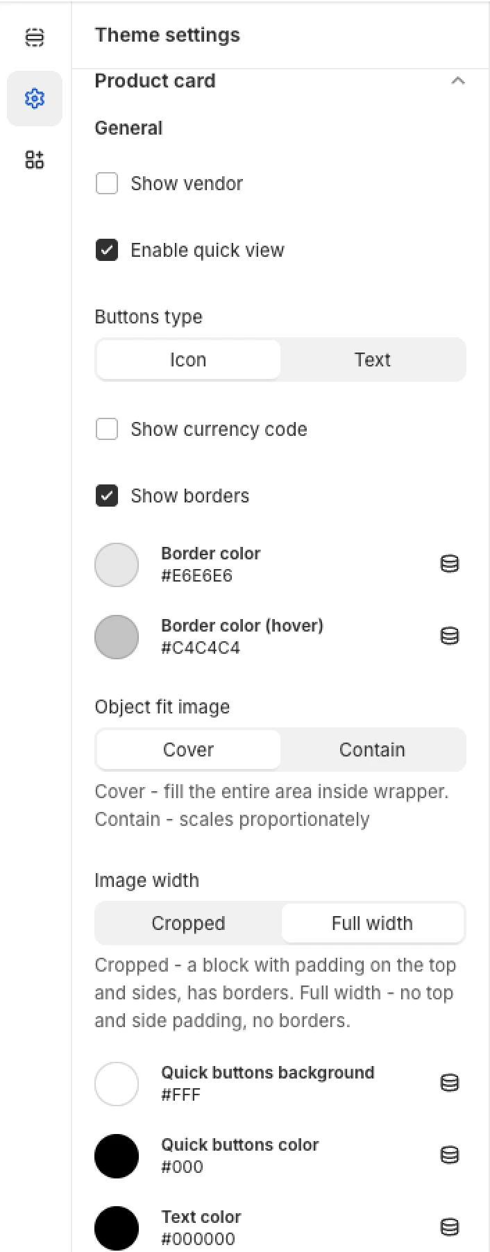 product card settings