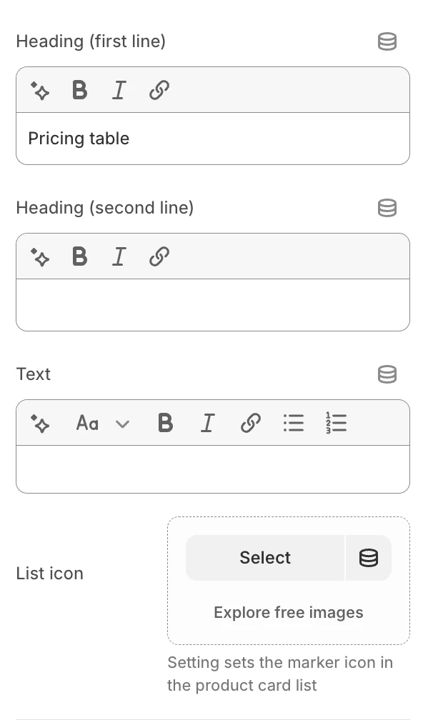 Pricing table section settings