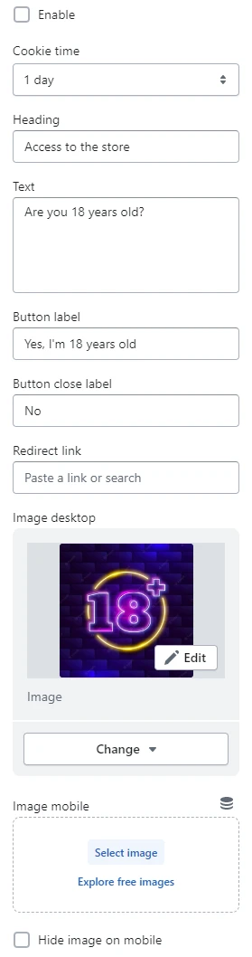Age check popup settings (general)