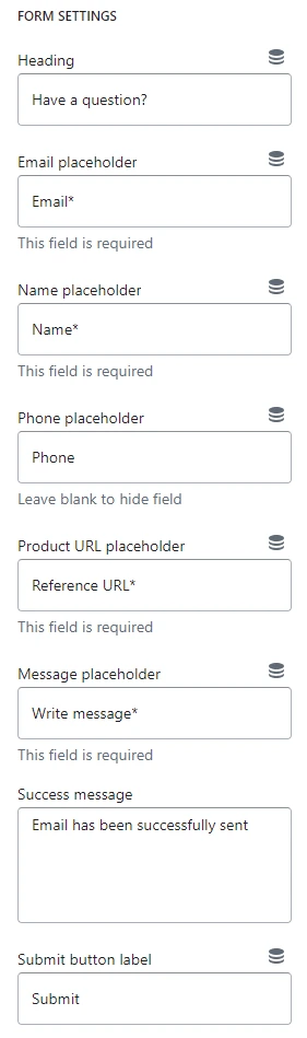 Featured product / product template (Block Ask a question. Form settings)