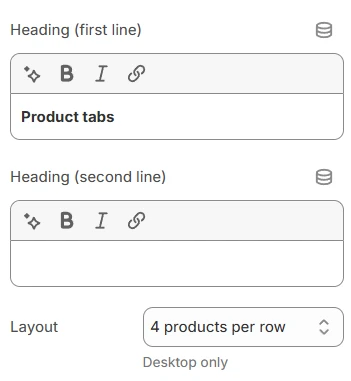 Product tabs section settings