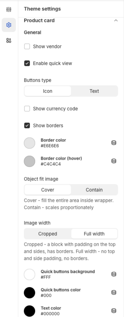 product card settings