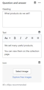 FAQ section (Blocks settings. Question and answer)