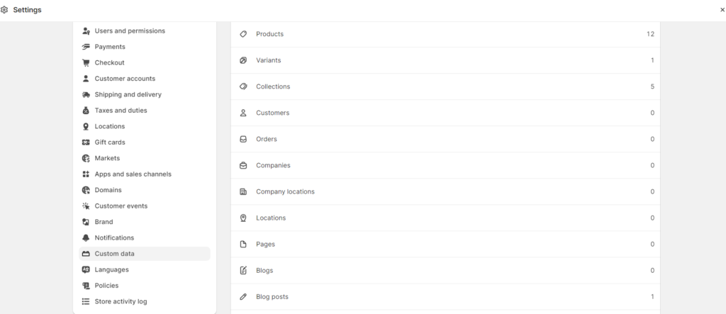 Settings Custom data