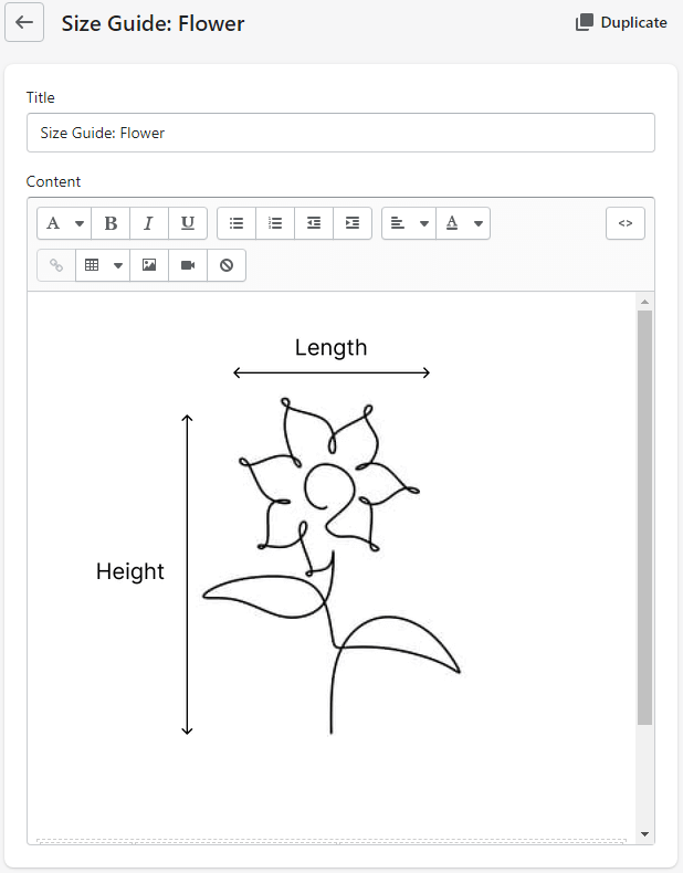 page for size guide