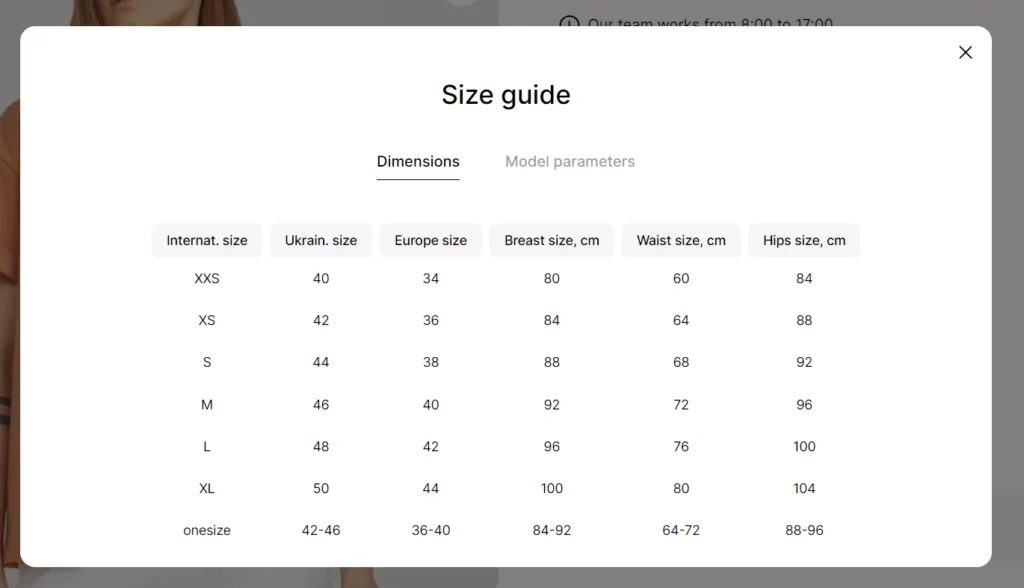 dimensions tab