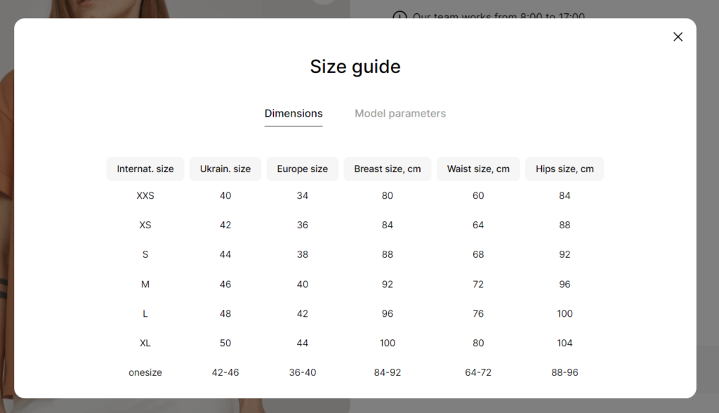 product size table 