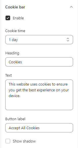 cookie bar settings