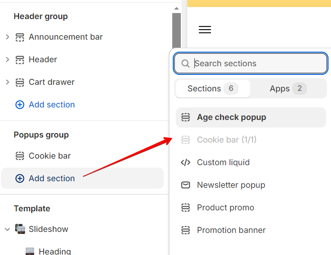 adding cookie popup