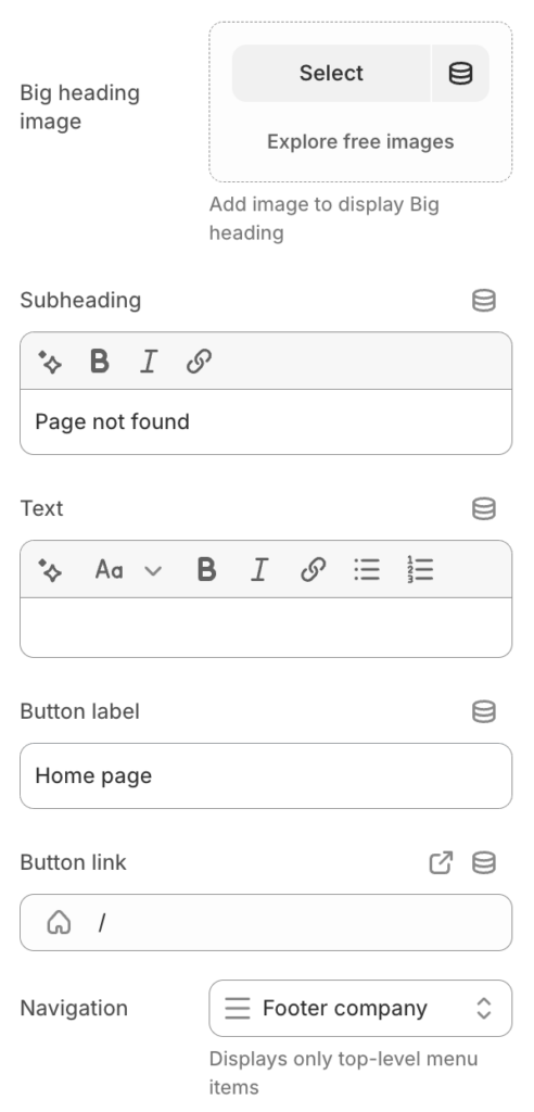 404 template section settings