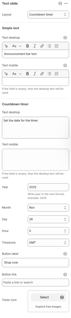 announcement bar block settings
