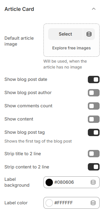 article card settings