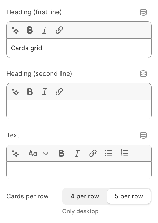 Cards grid section settings