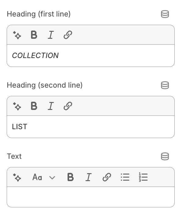Collection list section settings