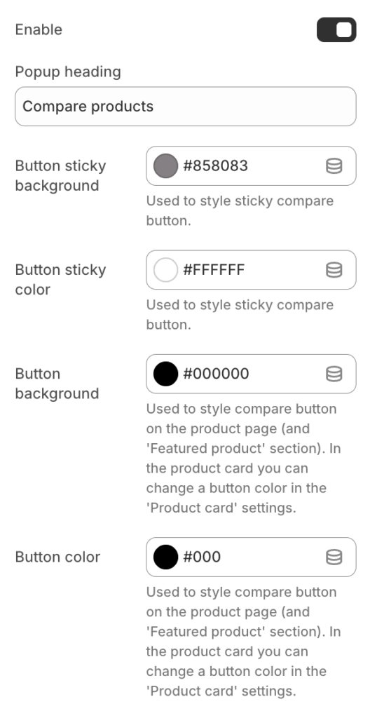 compare products settings