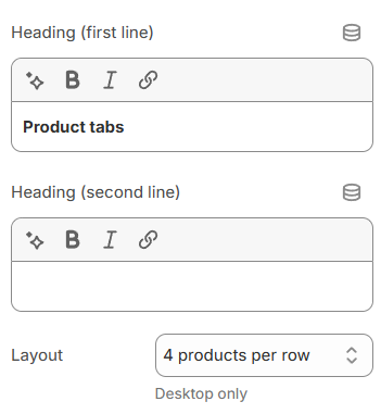 Product tabs section settings