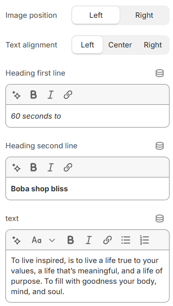 Image with text section settings