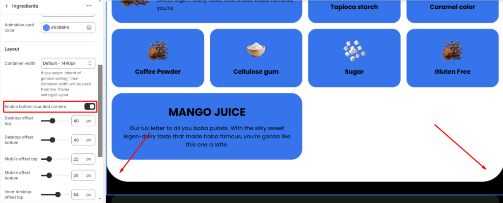 Ingredients rounded corners