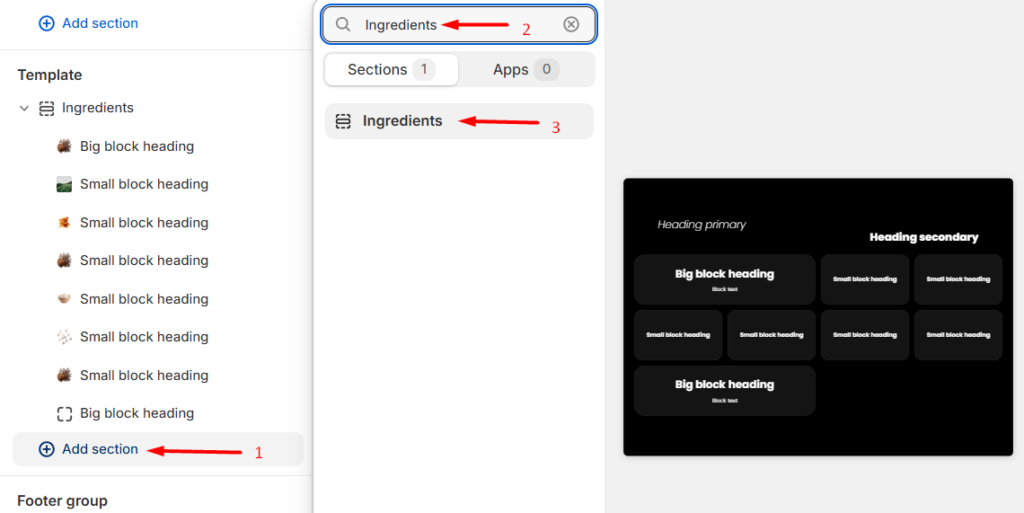 Ingredients adding a section