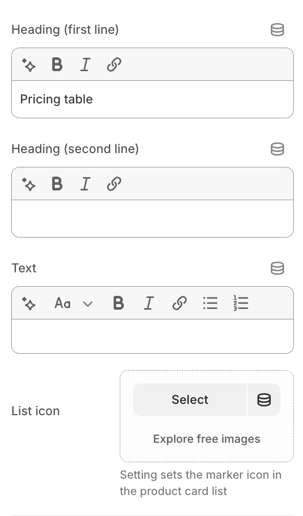 Pricing table section settings