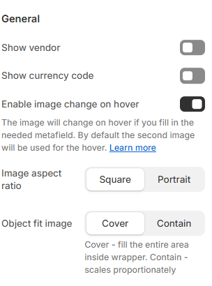 product card settings