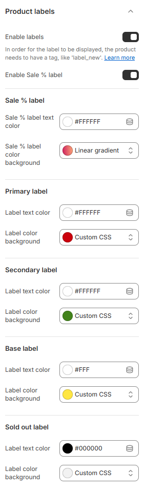 product labels settings