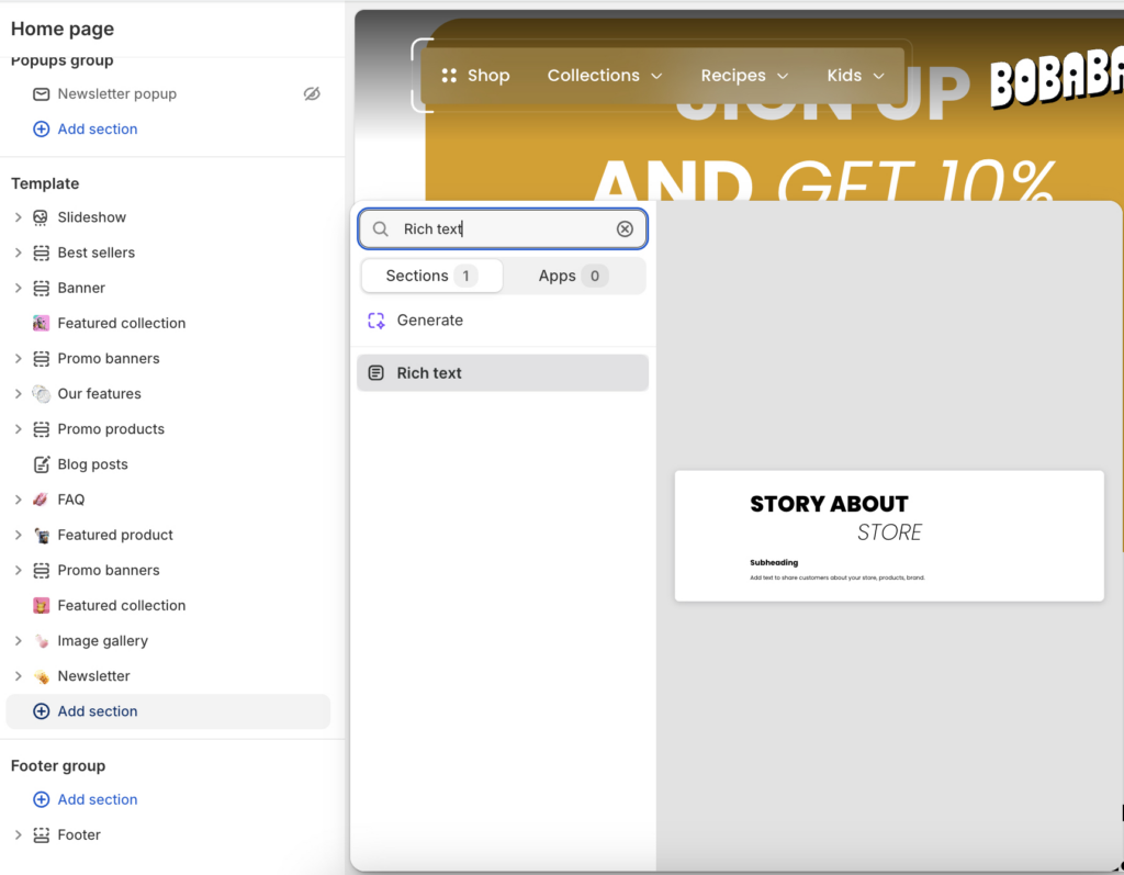 Rich text adding a section