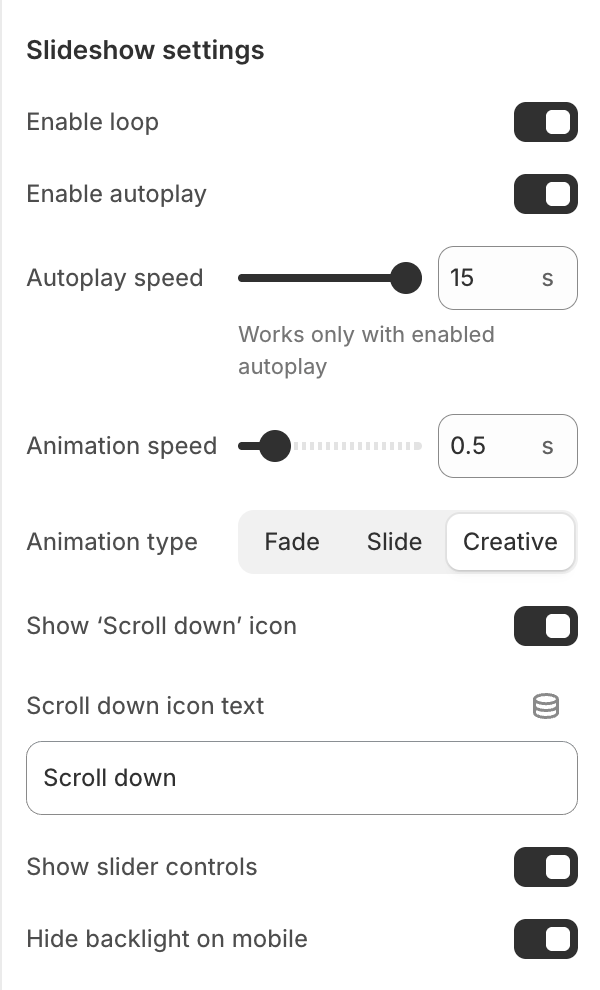 Slideshow section settings
