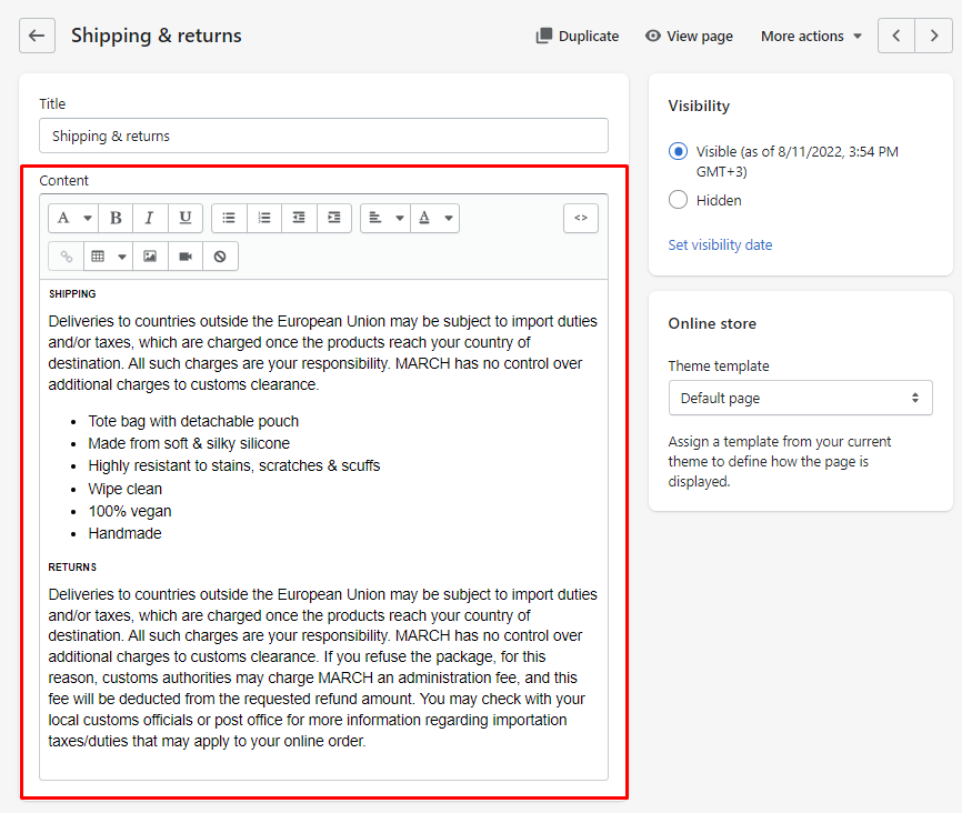 page settings