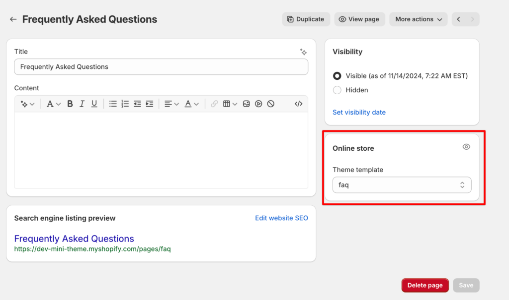 faq page in admin panel
