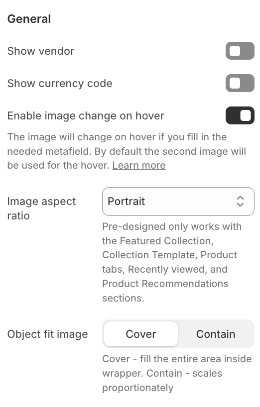 Product card settings