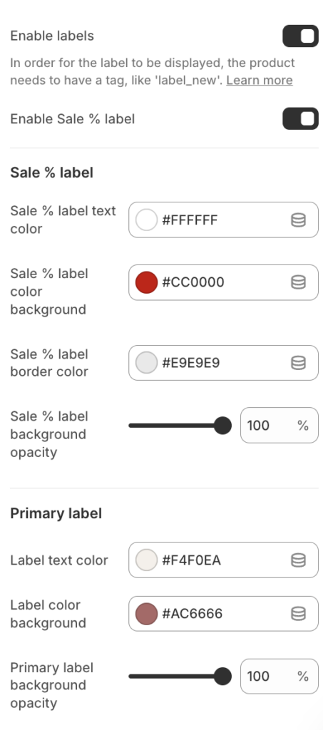 Product labels settings 1