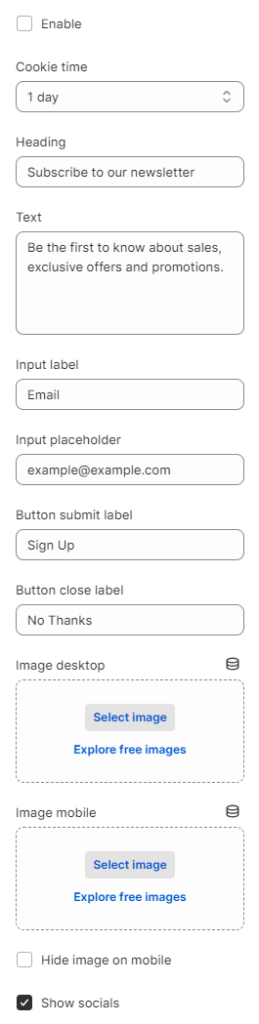 newsletter popup general settings