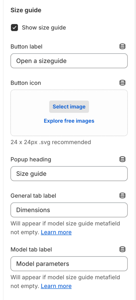 size guide settings