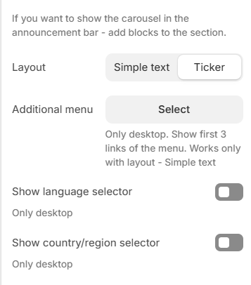 Announcement bar settings