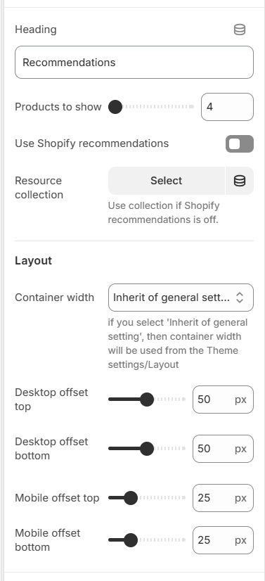 Product recommendations settings