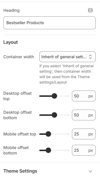 Product tabs section settings