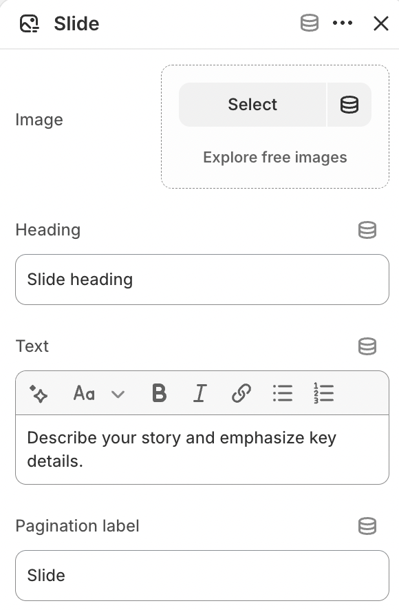 Story telling block settings