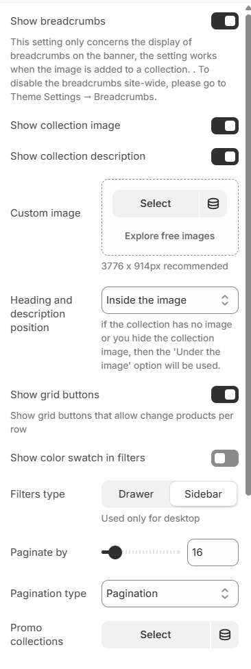 collection template section settings